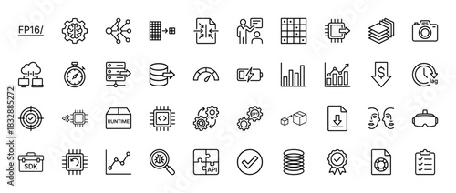Artificial intelligence and machine learning line icon set. Vector pictograms of fp16, neural network, runtime, sdk, and core components, thin linear illustration.