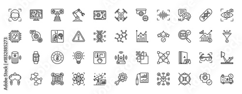 Technology and science line icon set. Vector pictograms of face recognition, robotics, ai chip, drone, dna, and virtual reality, thin linear illustration.