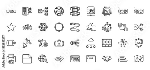 Network and computer technology line icon set. Vector pictograms of server, firewall, data center, and low latency, thin linear illustration.