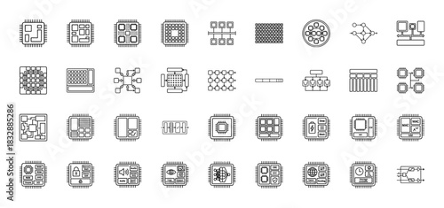 Computer hardware and networking line icon set. Vector pictograms of microprocessor, motherboard, ram, security, and data transmission, thin linear illustration.