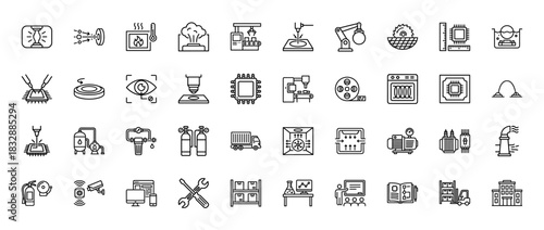 Industrial manufacturing and semiconductor technology line icon set. Vector pictograms of laser, factory, robot, chip, and logistics, thin linear illustration.