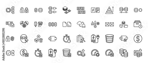 Data and technology line icon set. Vector pictograms of cpu, memory, storage, security, and computing concepts, thin linear illustration.