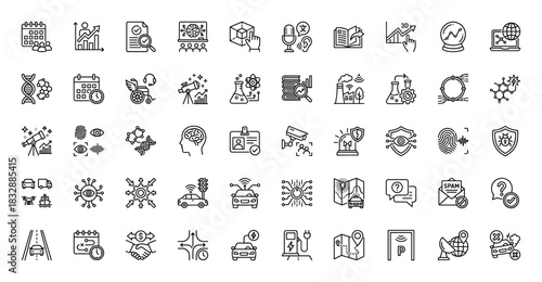 Technology and smart vehicle line icon set. Vector pictograms of machine learning, self-driving cars, and biometrics, thin linear illustration.