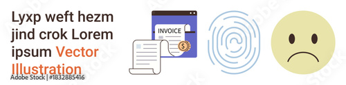 Finance, security, emotion, verification, identity, online payment. A digital invoice, a fingerprint icon and an unhappy face. Finance and security concepts with an emphasis on payment and digital