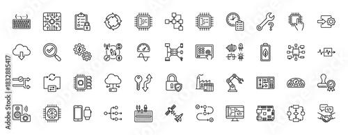 Technology and engineering line icon set. Vector pictograms of microchips, robotics, data, security, and smart devices, thin linear illustration.