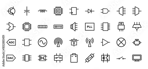 Electronics and electrical components line icon set. Vector pictograms of transistor, capacitor, integrated circuit, and battery, thin linear illustration.