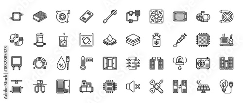Data center cooling and hardware line icon set. Vector pictograms of chiller, fan, radiator, fluid, solar, and chips, thin linear illustration.