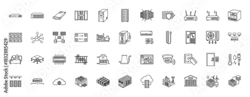 Information technology and data center line icon set. Vector pictograms of servers, network devices, security, and climate control, thin linear illustration.