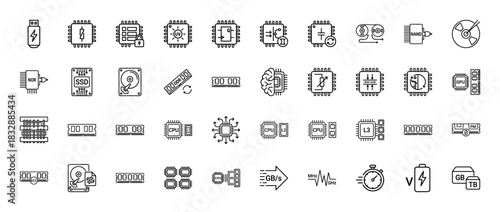 Technology and hardware line icon set. Vector pictograms of usb drive, ssd, hdd, ram, cpu, gpu, and memory chips, thin linear illustration.