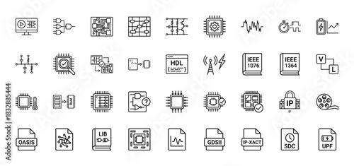 Electronic design automation (eda) line icon set. vector pictograms of chip, circuit, hdl, timing, and file formats, thin linear illustration.