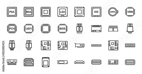 Computer hardware components line icon set. Vector pictograms of CPU sockets, motherboard interfaces, and memory modules, thin linear illustration.