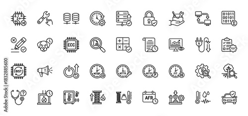 Reliability engineering line icon set. Vector pictograms of mtbf, mttr, ecc, bist, maintenance, and durability testing, thin linear illustration.