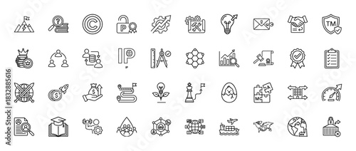 Business and intellectual property line icon set. Vector pictograms of research, strategy, finance, technology, and global business, thin linear illustration.
