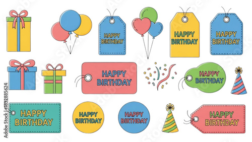 Collection of colorful birthday celebration accessories and party elements, including gifts, balloons, and decorative tags