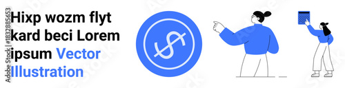 Finance, banking, e-commerce, financial planning, digital transactions, currency analysis. Person pointing to a dollar sign and holding digital content. Finance and banking visualization
