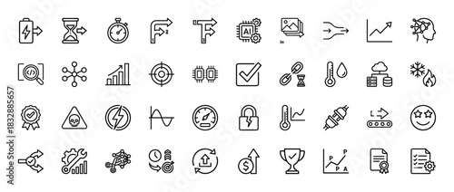 Business and technology line icon set. Vector pictograms of settings, data analysis, development, and progress, thin linear illustration.