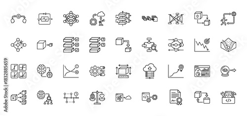 Artificial intelligence and machine learning line icon set. Vector pictograms of neural networks, data flow, algorithms, and models, thin linear illustration.