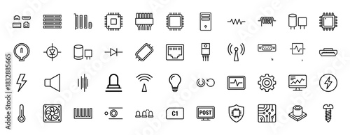 Electronics and components line icon set. Vector pictograms of microchips, resistors, capacitors, and connectors, thin linear illustration.