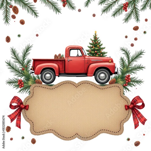 Vintage red pickup truck with christmas tree and pine branch border, rustic cork label for text, holiday design isolated on white background