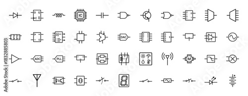 Electronic and electrical component line icon set. Vector pictograms of diode, flip-flop, inductor, amplifier, and logic gates, thin linear illustration.