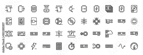 Electronics and hardware line icon set. Vector pictograms of microchips, ram, gpu, hdd, and logic gates, thin linear illustration.
