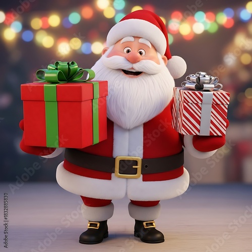 Santa claus holding presents with bokeh background