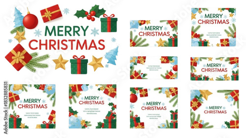 Happy Christmas Greeting Card Collection with Gifts and Ornaments