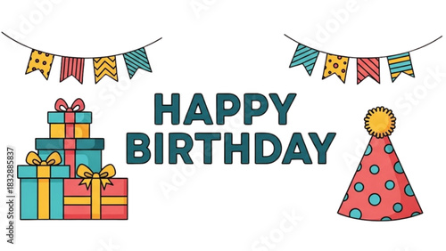 Cheerful Happy Birthday banner design with colorful gifts, party hat, and vibrant bunting flags
