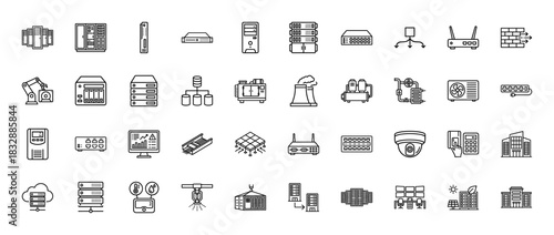 Information technology and data center line icon set. Vector pictograms of servers, networking equipment, cloud, and infrastructure, thin linear illustration.