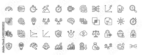 Business and technology line icon set. Vector pictograms of speed, growth, security, and data, thin linear illustration.