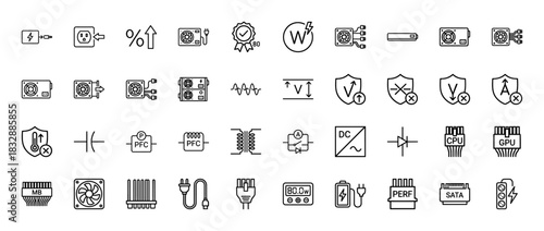 Computer hardware and electrical power line icon set. Vector pictograms of psu, cpu, gpu, dc, ac, and security signs, thin linear illustration.