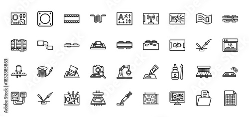 Electronics and pcb line icon set. vector pictograms of circuit board, soldering, component, and assembly processes, thin linear illustration.