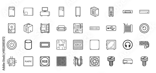 Computer hardware components line icon set. Vector pictograms of pc cases, motherboards, fans, screws, and peripherals, thin linear illustration.