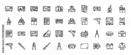 Electronics and engineering thin line icon set. Vector pictograms of oscilloscopes, multimeters, soldering iron, and 3d printer, outline linear illustration.