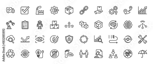 Supply chain and smart industry line icon set. Vector pictograms of shipping truck, automation, data analysis, and quality control, thin linear illustration.