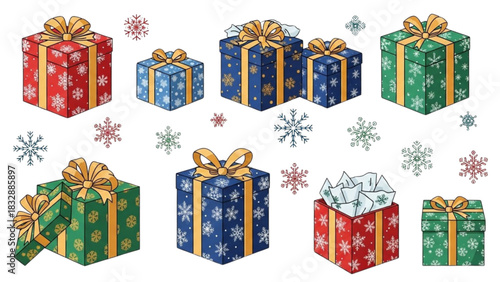 Festive holiday gift boxes with snowflakes and ribbons, perfect for Christmas celebrations