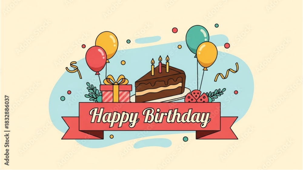 Obraz premium Festive Birthday Cake Illustration Balloons, Presents, and a Celebration Banner