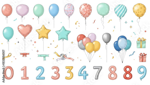 Vibrant Assortment of Party and Celebration Design Elements Balloons, Confetti, Gifts, and Numbers Concept for Festive Occasions