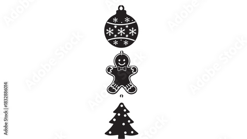 Vertical stack of festive Christmas icons featuring an ornament, a gingerbread figure, and a tree.