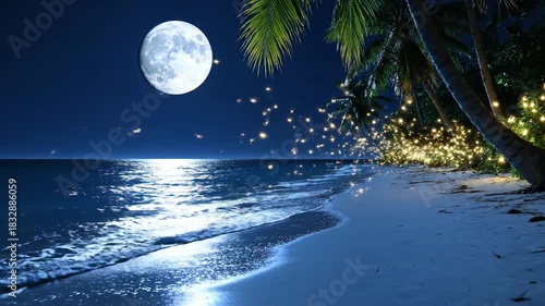 Under a beautiful full moon, a serene beach sparkles as fireflies dance above the calm waves. The softly lapping water creates a peaceful atmosphere, inviting calm and reflection.