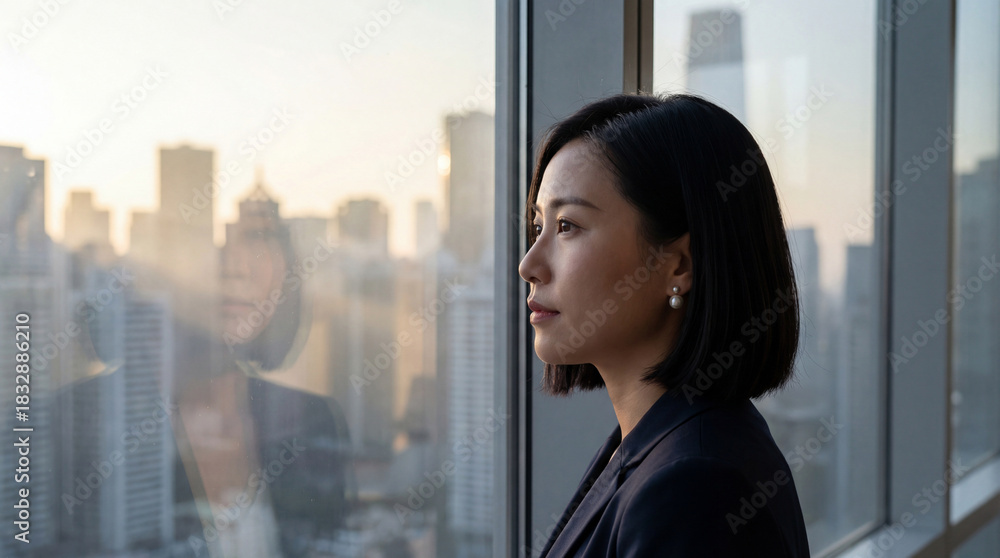 Fototapeta premium Confident asian businesswoman gazing out office window reflecting on urban skyline during sunrise in modern city