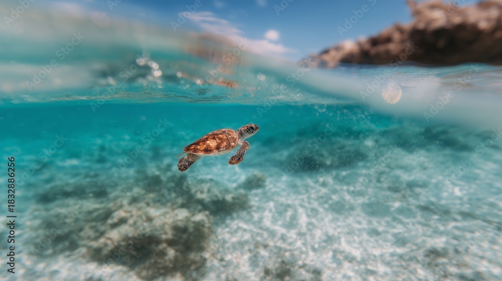 Fototapeta premium Sea turtle swims gracefully in clear turquoise waters near rocky shore
