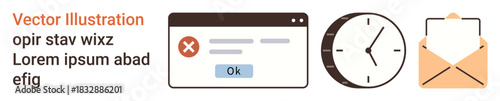 Digital systems, productivity, communication, time management, scheduling, notifications. Includes error message popup, clock icon mail envelope. Productivity and communication concept