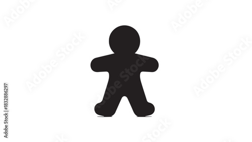 Minimalist black silhouette of a small toy figure resembling a person on white background.