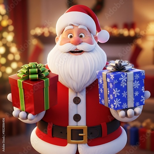 Santa holding christmas gifts in a cozy setting