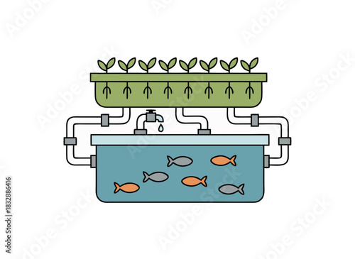 Simple Flat Vector Illustration of Aquaponic System with Growing Plants and Fish in a Tank