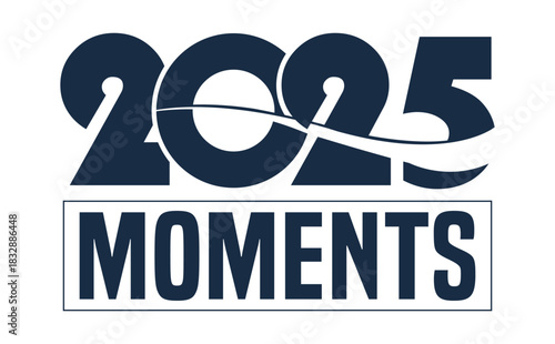 Modern “moments” typography logo in bold navy blue with dynamic swoosh line, isolated on white background, ideal for New Year events, business presentations, and futuristic branding designs.