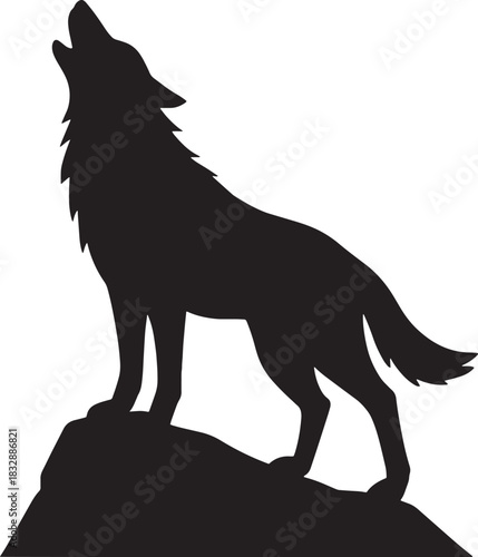Howling Wolf Silhouette on Rock – Bold Minimal Flat Black Vector Design