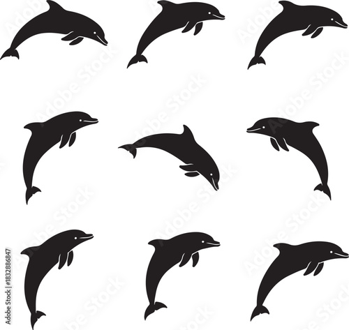 Collection of nine black silhouette jumping dolphins on a white background