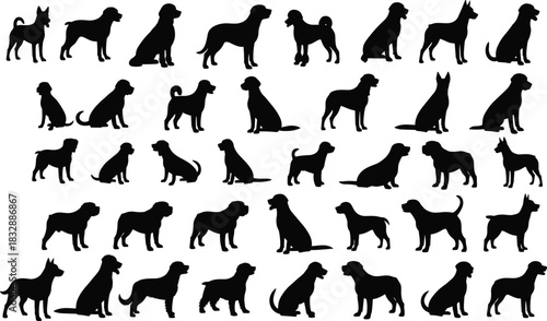 Collection of Black Dog Silhouettes in Various Poses and Breeds canine animal
